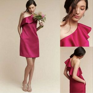 BHLDN Anthropologie Mini Dress Women’s Size 12 One Shoulder Ruffle Pink Cocktail